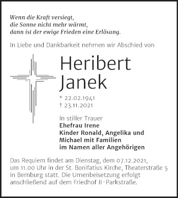 Traueranzeige von Heribert Janek von Trauerkombi Bernburg