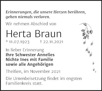 Traueranzeige von Herta Braun von Trauerkombi Zeitz