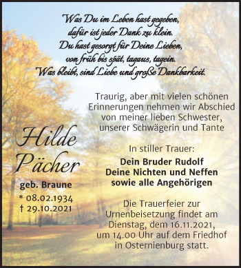 Traueranzeige von Hilde Pächer von Trauerkombi Köthen