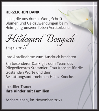 Traueranzeige von Hildegard Bengsch von Trauerkombi Aschersleben