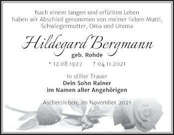 Traueranzeige von Hildegard Bergmann von Trauerkombi Aschersleben