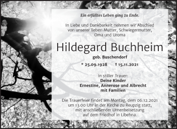 Traueranzeige von Hildegard Buchheim von Trauerkombi Köthen