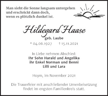 Traueranzeige von Hildegard Haase von Trauerkombi Aschersleben
