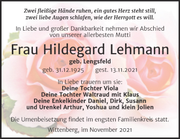 Traueranzeige von Hildegard Lehmann von Trauerkombi Wittenberg