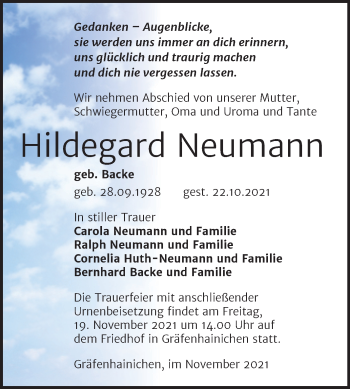 Traueranzeige von Hildegard Neumann von Trauerkombi Wittenberg
