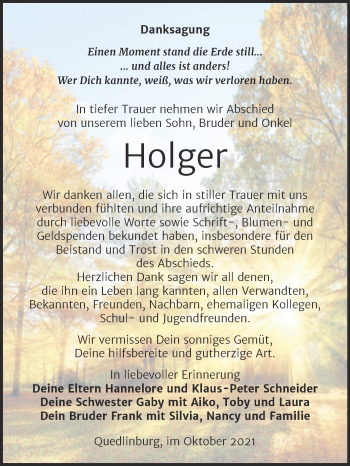 Traueranzeige von Holger  von Trauerkombi Quedlinburg