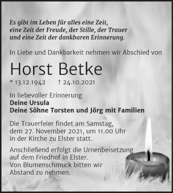 Traueranzeige von Horst Betke von Trauerkombi Wittenberg