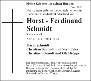 Traueranzeige von Horst-Ferdinand Schmidt von Trauerkombi Dessau