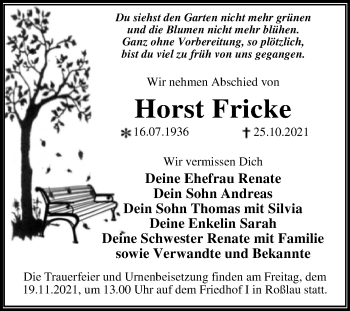 Traueranzeige von Horst Fricke von Trauerkombi Dessau