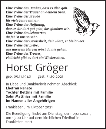 Traueranzeige von Horst Gröger von Trauerkombi Merseburg