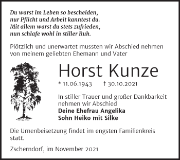 Traueranzeige von Horst Kunze von Trauerkombi Bitterfeld