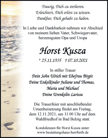 Traueranzeige von Horst Kusza von Trauerkombi Mansfelder Land