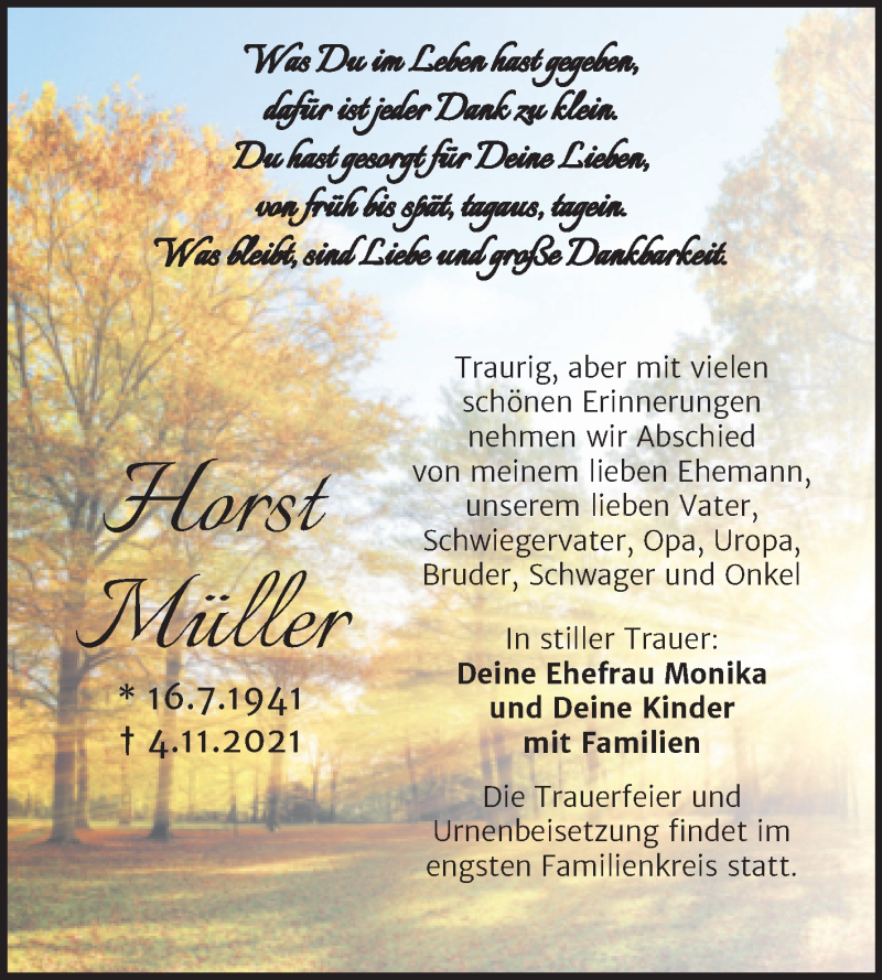  Traueranzeige für Horst Müller vom 10.11.2021 aus Trauerkombi Köthen