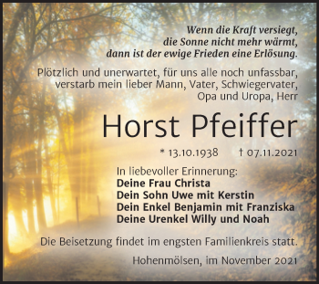 Traueranzeige von Horst Pfeiffer von Trauerkombi Weißenfels