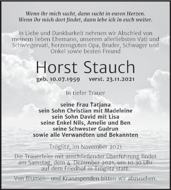 Traueranzeige von Horst Stauch von Trauerkombi Zeitz