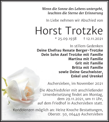 Traueranzeige von Horst Trotzke von Trauerkombi Aschersleben