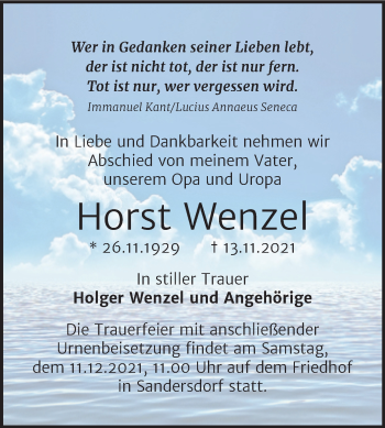 Traueranzeige von Horst Wenzel von Trauerkombi Bitterfeld