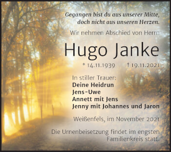 Traueranzeige von Hugo Janke von Trauerkombi Weißenfels