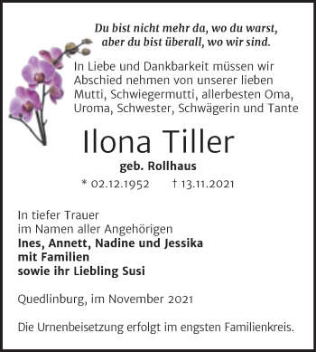 Traueranzeige von Ilona Tiller von Trauerkombi Quedlinburg