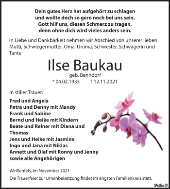 Traueranzeige von Ilse Baukau von Trauerkombi Weißenfels