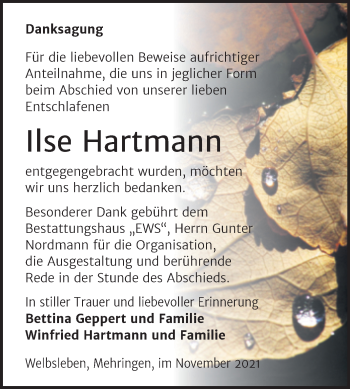 Traueranzeige von Ilse Hartmann von Trauerkombi Aschersleben