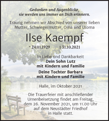 Traueranzeige von Ilse Kaempf von Mitteldeutsche Zeitung Halle/Saalkreis