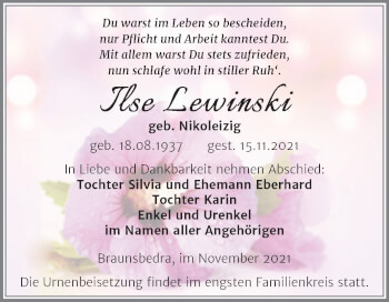 Traueranzeige von Ilse Lewinski von Trauerkombi Merseburg