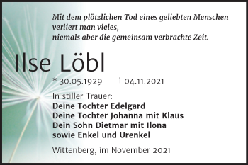 Traueranzeige von Ilse Löbl von Trauerkombi Wittenberg