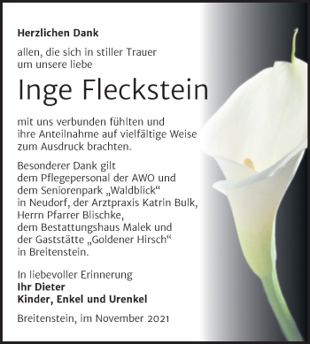 Traueranzeige von Inge Fleckstein von Trauerkombi Sangerhausen