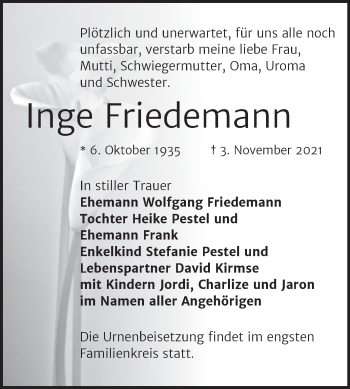 Traueranzeige von Inge Friedemann von Trauerkombi Zeitz