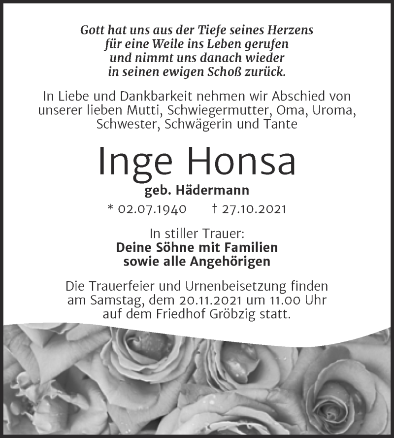  Traueranzeige für Inge Honsa vom 06.11.2021 aus Trauerkombi Köthen