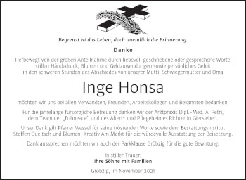 Traueranzeige von Inge Honsa von Trauerkombi Köthen