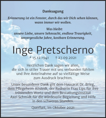 Traueranzeige von Inge Pretscherno von Trauerkombi Merseburg