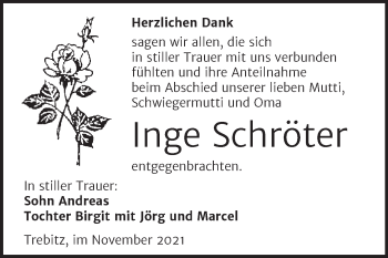 Traueranzeige von Inge Schröter von Trauerkombi Wittenberg