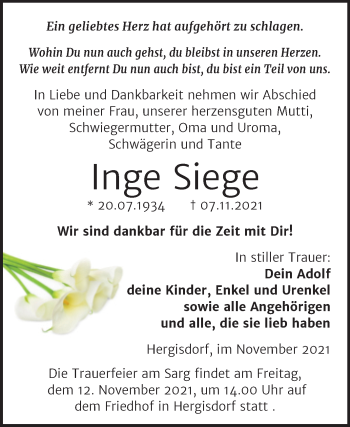 Traueranzeige von Inge Siege von Mitteldeutsche Zeitung Mansfelder Land