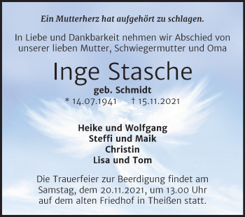 Traueranzeige von Inge Stasche von Trauerkombi Zeitz