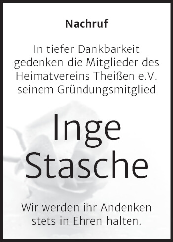 Traueranzeige von Inge Stasche von Trauerkombi Zeitz