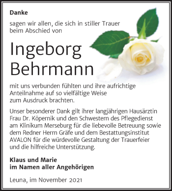 Traueranzeige von Ingeborg Behrmann von Trauerkombi Merseburg