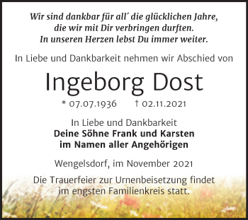 Traueranzeige von Ingeborg Dost von Trauerkombi Weißenfels