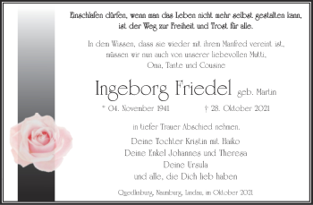Traueranzeige von Ingeborg Friedel von Trauerkombi Quedlinburg