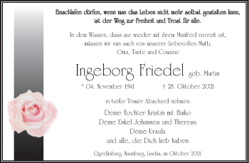 Traueranzeige von Ingeborg Friedel von Naumburger Tageblatt
