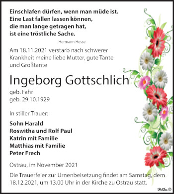 Traueranzeige von Ingeborg Gottschlich von Trauerkombi Zeitz