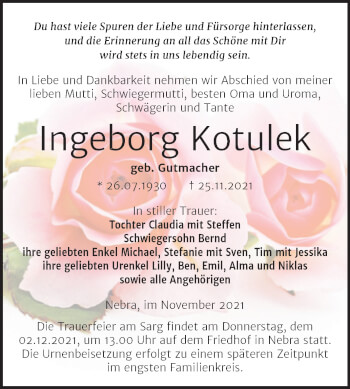 Traueranzeige von Ingeborg Kotulek von Naumburger Tageblatt