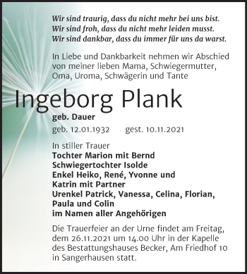 Traueranzeige von Ingeborg Plank von Trauerkombi Sangerhausen