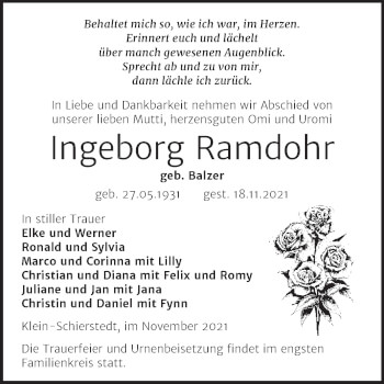 Traueranzeige von Ingeborg Ramdohr von Mitteldeutsche Zeitung Aschersleben