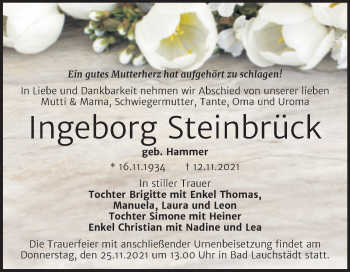 Traueranzeige von Ingeborg Steinbrück von Trauerkombi Merseburg