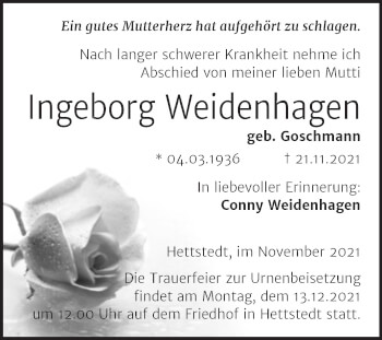 Traueranzeige von Ingeborg Weidenhagen von Trauerkombi Mansfelder Land