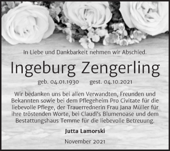 Traueranzeige von Ingeburg Zengerling von Trauerkombi Bitterfeld