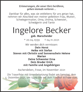 Traueranzeige von Ingelore Becker von Trauerkombi Aschersleben