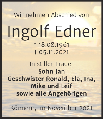 Traueranzeige von Ingolf Edner von Trauerkombi Bernburg